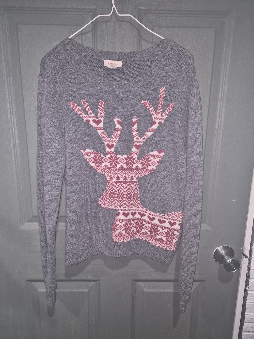 Women’s Grey Cowlneck Sweater with Pink Reindeer Motif